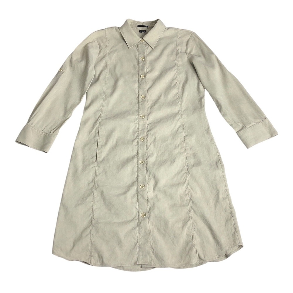 Theory Lannie Shellback Shirt Dress Womens 8 Khaki‎ Linen Blend Roll Tab Stretch